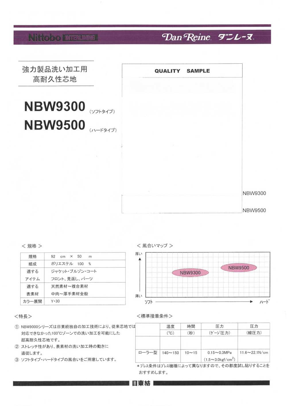 NBW9500 強力製品洗い加工用高耐久性芯地 ハードタイプ 日東紡インターライニング