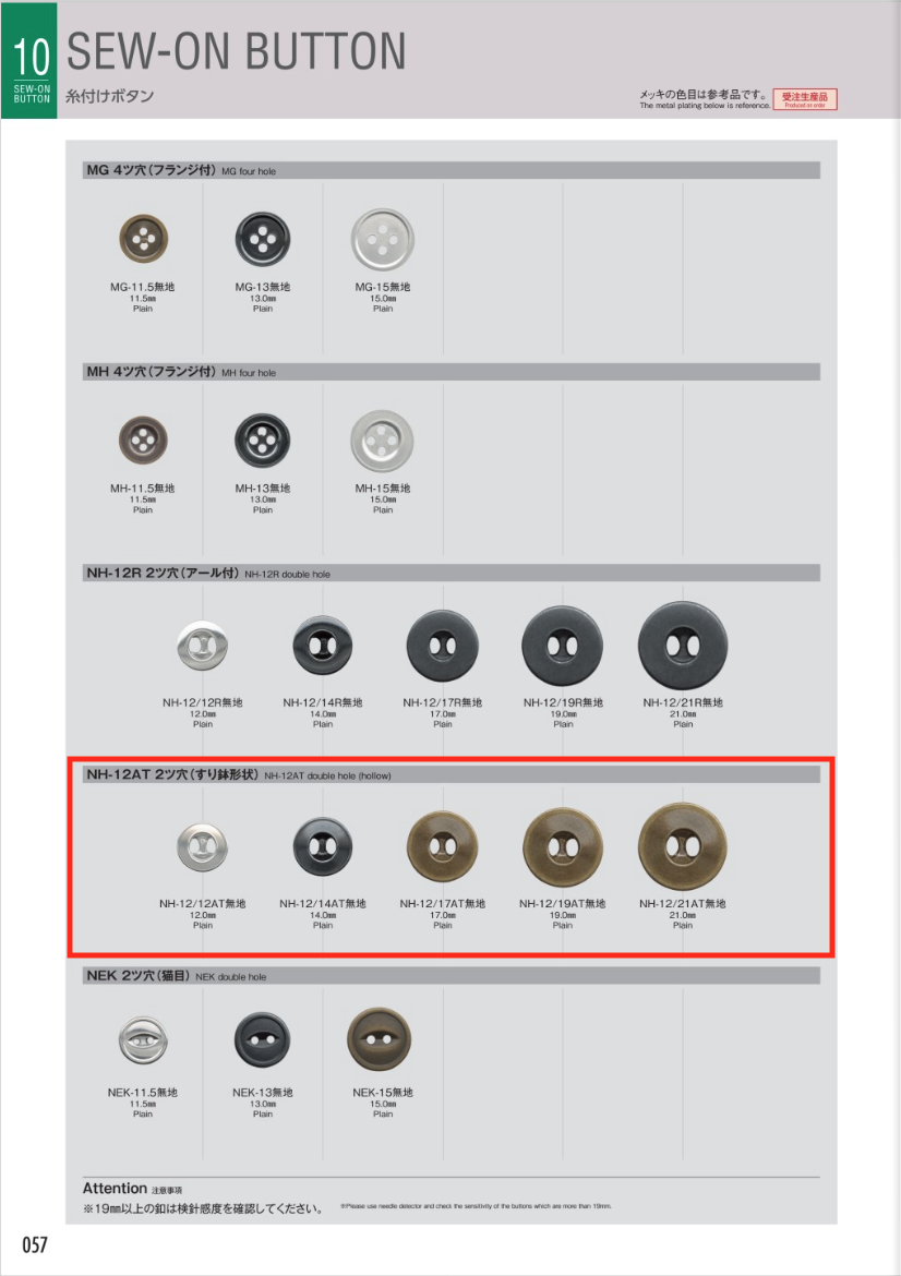 NH-12AT SEW-ON BUTTON 2ツ穴(すり鉢形状)[ボタン] モリト(MORITO)