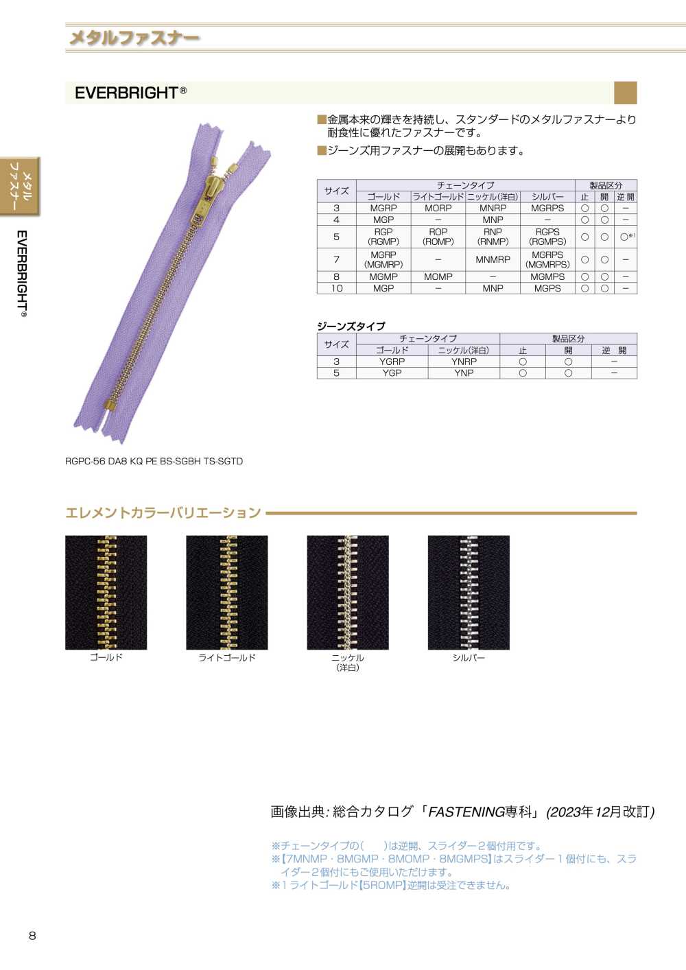 5ROPOR EVERBRIGHT&#174; ファスナー 5サイズ ライトゴールド 開 YKK